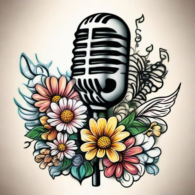 A vibrantly colored old school tattoo design, featuring a classic microphone mingled with musical notes and adorned with a radiant pair of white daisies, synthesizing a rhythmic interplay of nature and music.