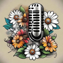 A vibrantly colored old school tattoo design, featuring a classic microphone mingled with musical notes and adorned with a radiant pair of white daisies, synthesizing a rhythmic interplay of nature and music.