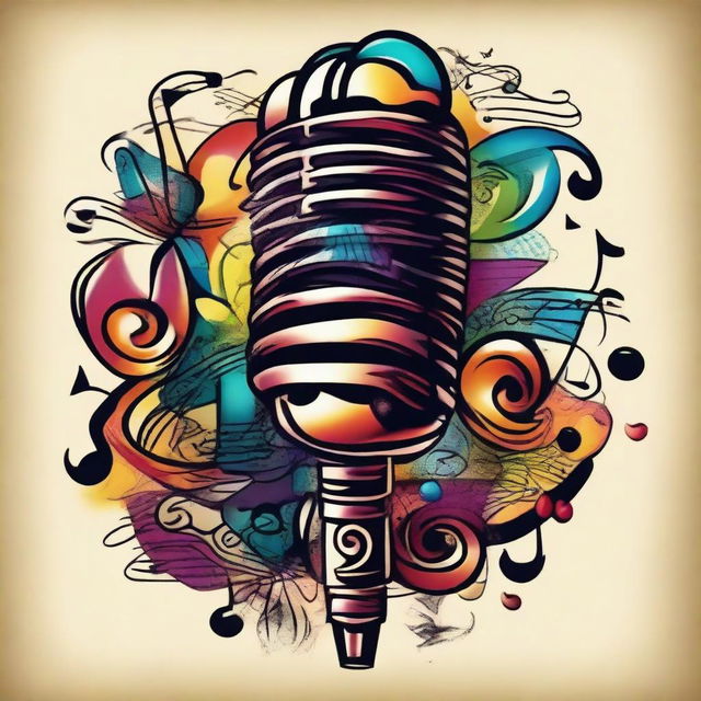 A colorful old school tattoo design showcasing a classic microphone surrounded by a swirl of dynamic musical notes, exhibiting a vivacious amalgamation of music symbolized in vibrant colors.