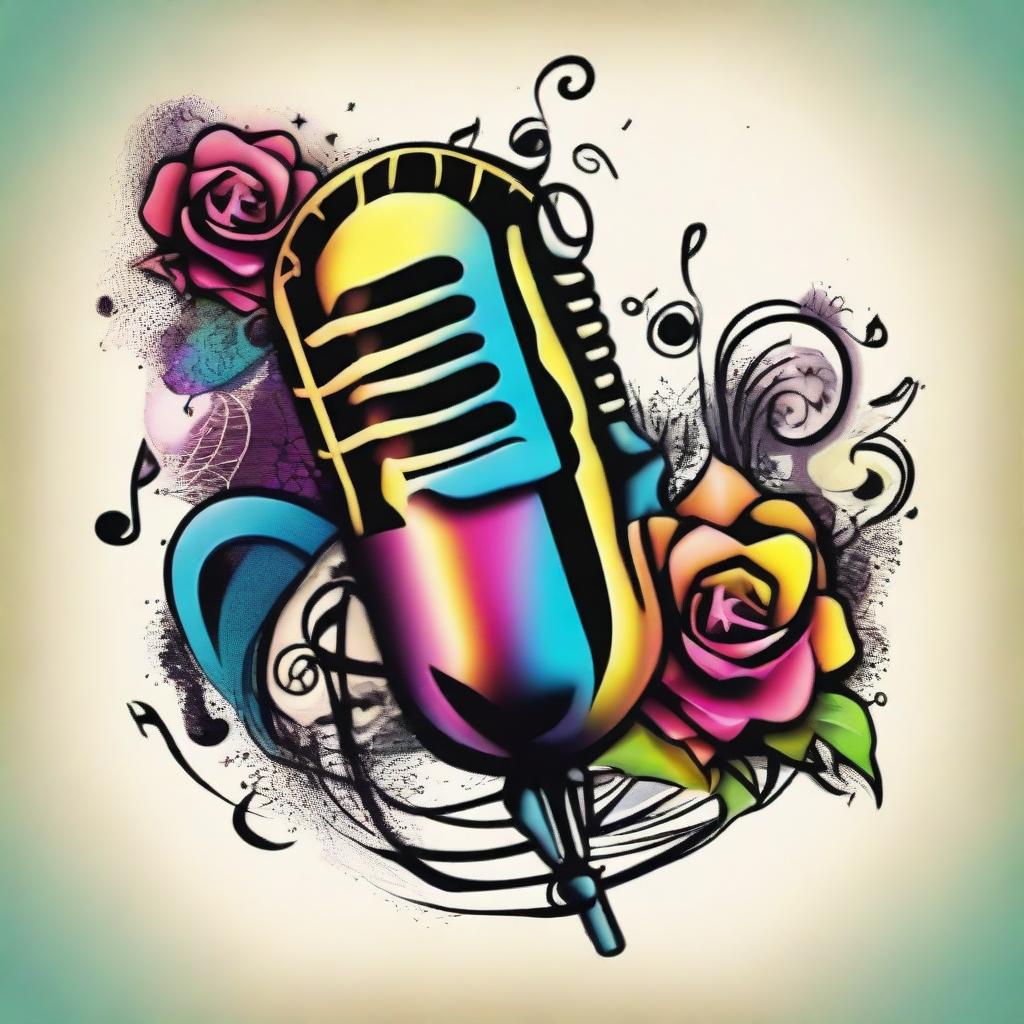 A colorful old school tattoo design showcasing a classic microphone surrounded by a swirl of dynamic musical notes, exhibiting a vivacious amalgamation of music symbolized in vibrant colors.