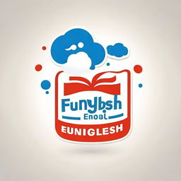 Design a logo for a language school called 'FunEnglish'. Incorporate the colors red, blue, and white into the design, along with graphic elements that represent books and speech balloons.