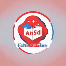 Design a logo for a language school called 'FunEnglish'. Incorporate the colors red, blue, and white into the design, along with graphic elements that represent books and speech balloons.