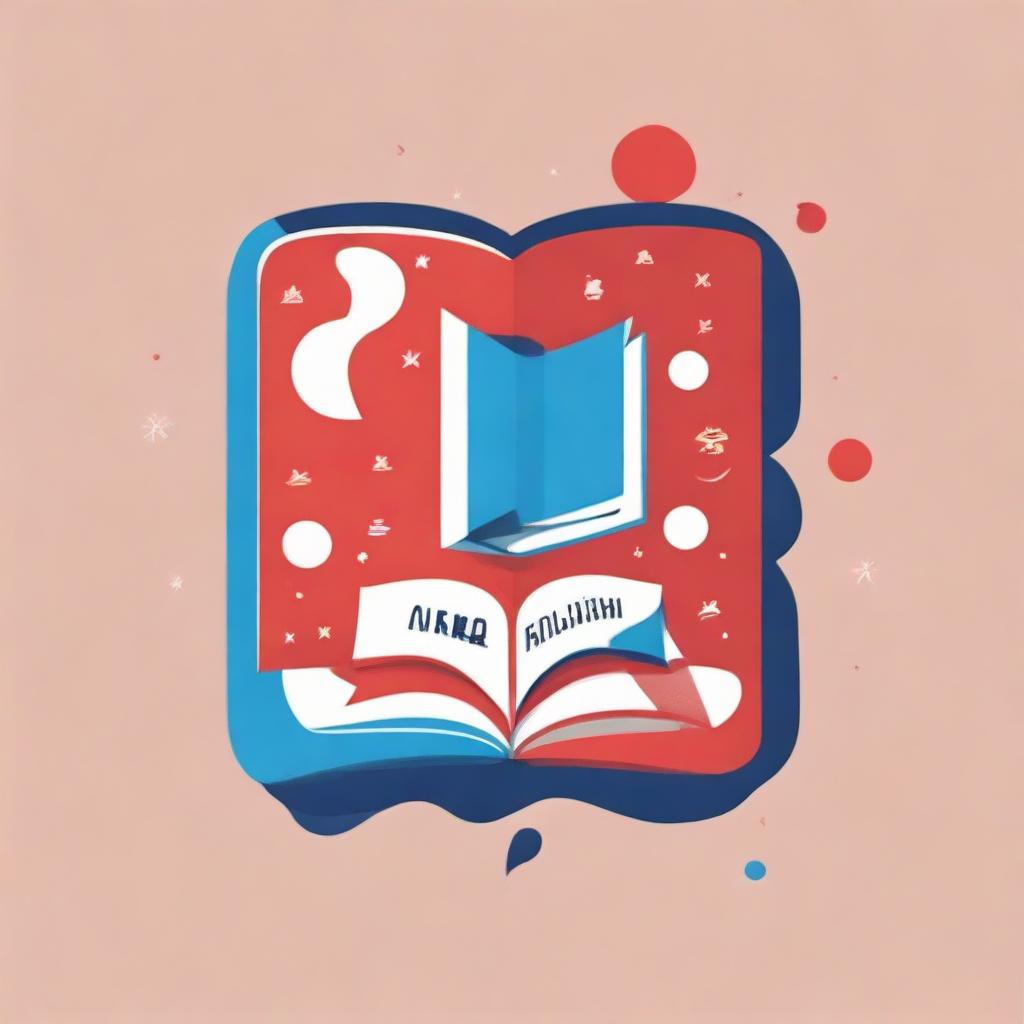 Design a logo for a language school called 'FunEnglish'. Incorporate the colors red, blue, and white into the design, along with graphic elements that represent books and speech balloons.