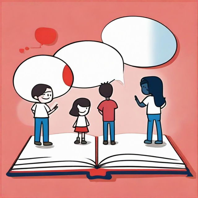 Create an image of an open book from which a speech balloon pops up, displaying 'FunEnglish' in a fun style. Behind the book, silhouettes of boys and girls talking. Use only red, blue and white colors.