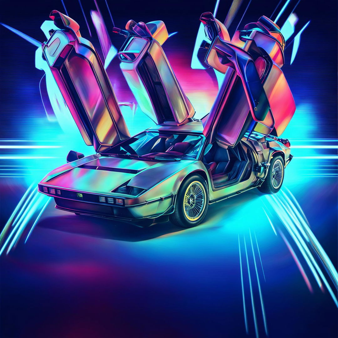 A digital art depiction of a Lamborghini car, redesigned with the iconic features of the 'Back to the Future' DeLorean