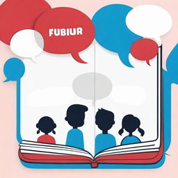 Create an image of an open book from which a speech balloon pops up, displaying 'FunEnglish' in a fun style. Behind the book, silhouettes of boys and girls talking. Use only red, blue and white colors.