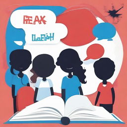 Create an image of an open book from which a speech balloon pops up, displaying 'FunEnglish' in a fun style. Behind the book, silhouettes of boys and girls talking. Use only red, blue and white colors.