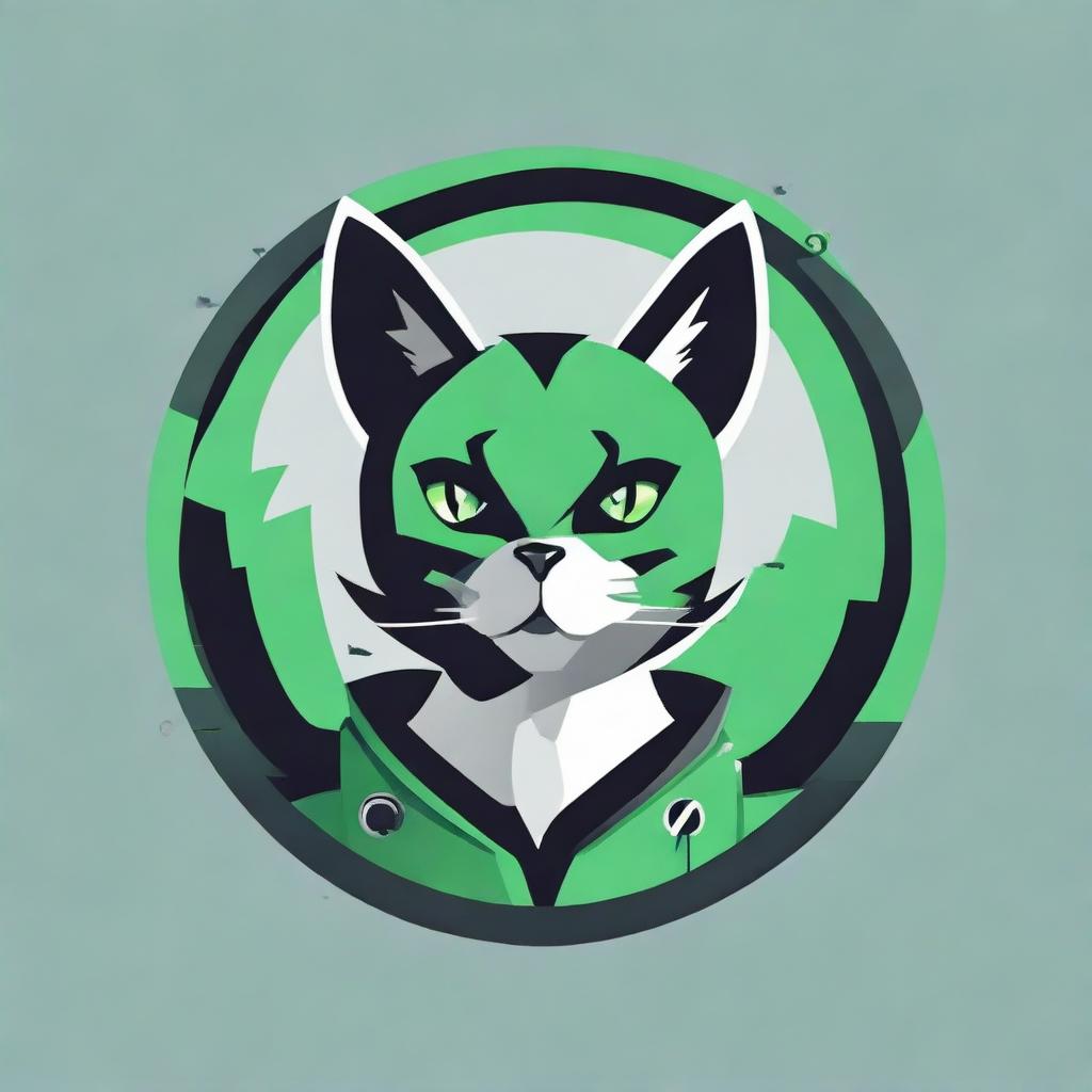 Design a circular logo featuring a gamer cat. Use a color palette of green, gray, and black.