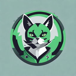 Design a circular logo featuring a gamer cat. Use a color palette of green, gray, and black.