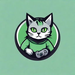 Design a circular logo featuring a gamer cat. Use a color palette of green, gray, and black.