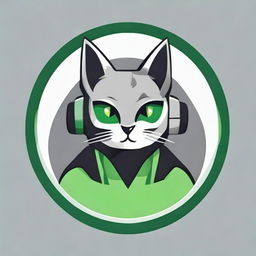 Design a circular logo featuring a gamer cat. Use a color palette of green, gray, and black.