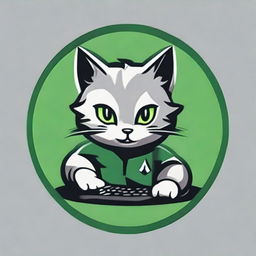 Design a circular logo featuring a gamer cat. Use a color palette of green, gray, and black.