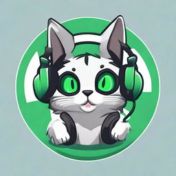 Design a circular logo featuring a gamer cat wearing headphones. The cat is blinking an eye and smiling. The logo should incorporate shades of green, gray, and black.