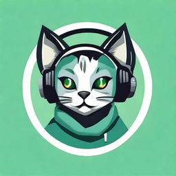 Design a circular logo featuring a gamer cat wearing headphones. The cat is blinking an eye and smiling. The logo should incorporate shades of green, gray, and black.