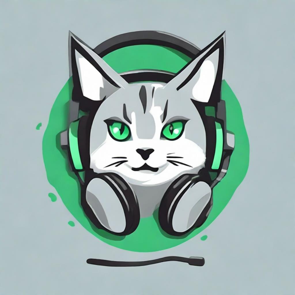 Design a circular logo featuring a gamer cat wearing headphones. The cat is blinking an eye and smiling. The logo should incorporate shades of green, gray, and black.