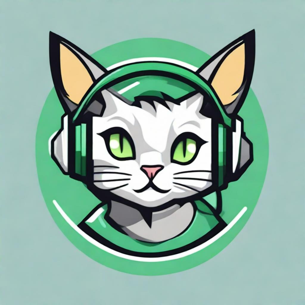 Design a circular logo featuring a gamer cat wearing headphones. The cat is blinking an eye and smiling. The logo should incorporate shades of green, gray, and black.