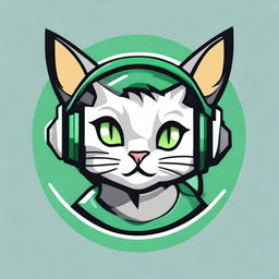 Design a circular logo featuring a gamer cat wearing headphones. The cat is blinking an eye and smiling. The logo should incorporate shades of green, gray, and black.