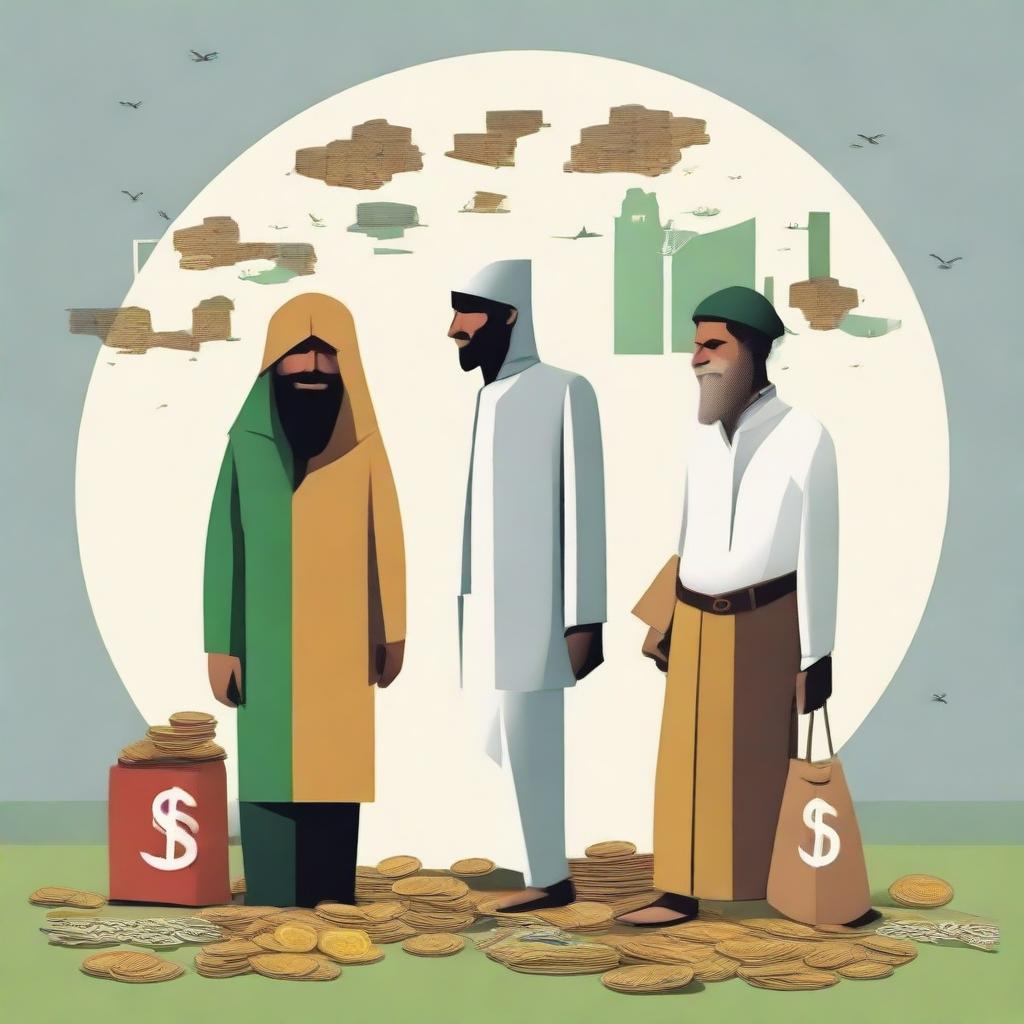 Design a powerful pictorial representation illustrating the stark disparity between wealth and poverty in Pakistan, using recognizable symbols and contrasts