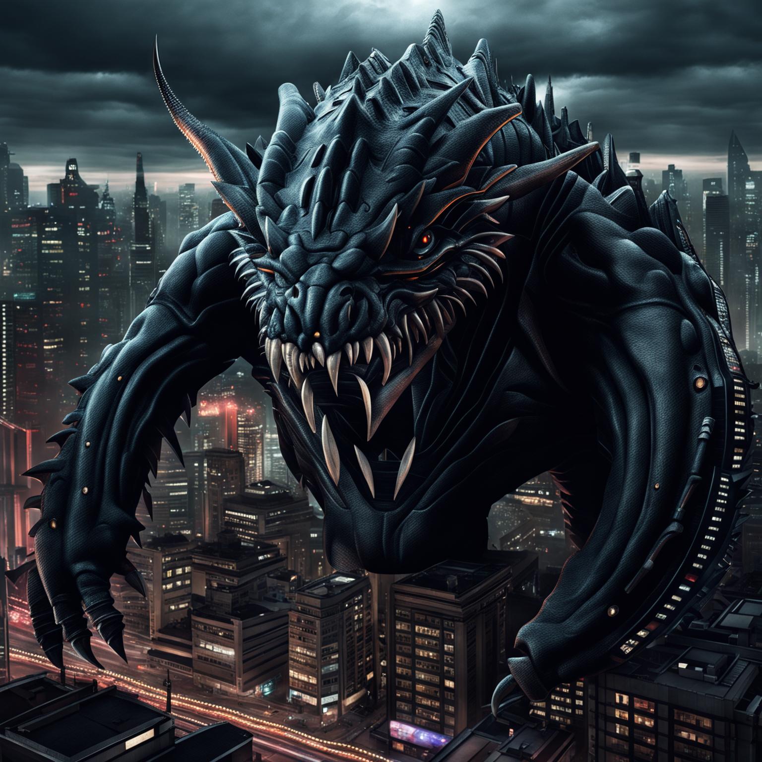 A highly detailed, 32K resolution digital art image of a Lamborghini car transformed into a towering kaiju