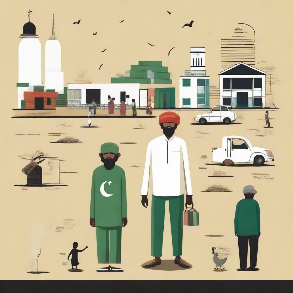 Design a powerful pictorial representation illustrating the stark disparity between wealth and poverty in Pakistan, using recognizable symbols and contrasts