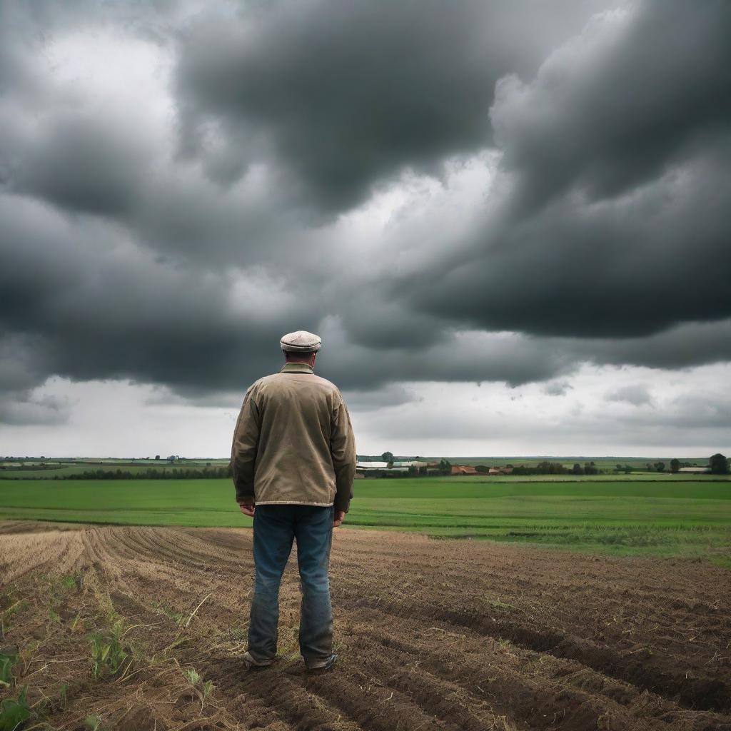 A farmer, visibly frightened, surrounded by expanses of farmland under a cloudy sky.