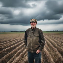 A farmer, visibly frightened, surrounded by expanses of farmland under a cloudy sky.