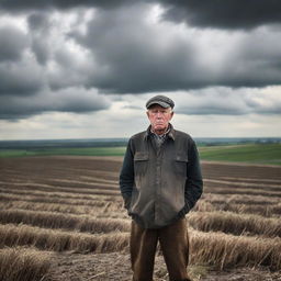 A farmer, visibly frightened, surrounded by expanses of farmland under a cloudy sky.