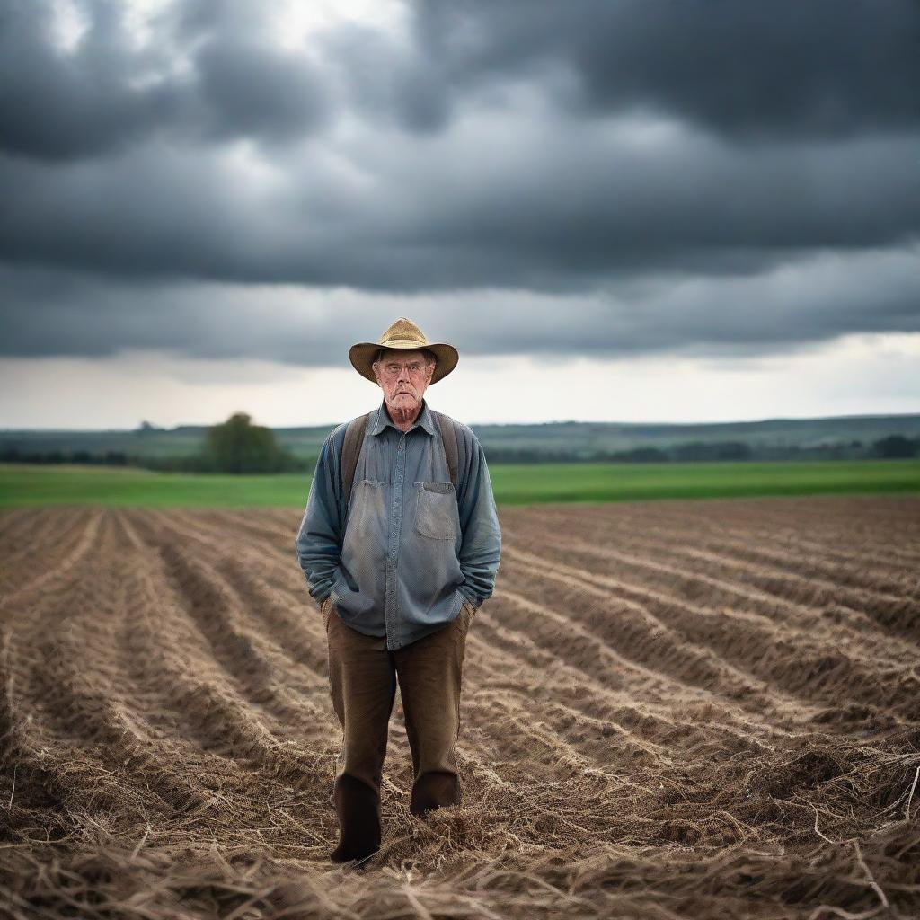 A farmer, visibly frightened, surrounded by expanses of farmland under a cloudy sky.