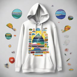 A trendy, funky hoodie adorned with a variety of stickers and the brand name 'Mount Nest Attire'.