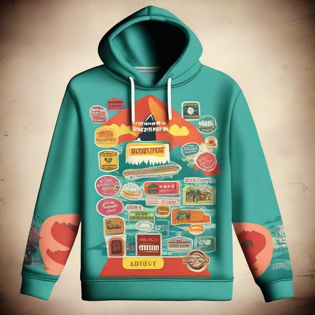 A trendy, funky hoodie adorned with a variety of stickers and the brand name 'Mount Nest Attire'.