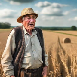 An elderly farmer standing shocked in a vast field during late afternoon, with expressive face full of surprise.