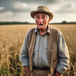 An elderly farmer standing shocked in a vast field during late afternoon, with expressive face full of surprise.