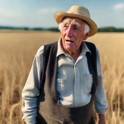 An elderly farmer standing shocked in a vast field during late afternoon, with expressive face full of surprise.