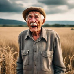 An elderly farmer standing shocked in a vast field during late afternoon, with expressive face full of surprise.