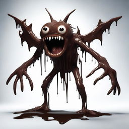 A slim monster covered in dark brown slime, featuring sharp teeth and claws with eyes completely white.