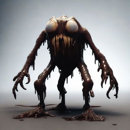 A slim monster covered in dark brown slime, featuring sharp teeth and claws with eyes completely white.