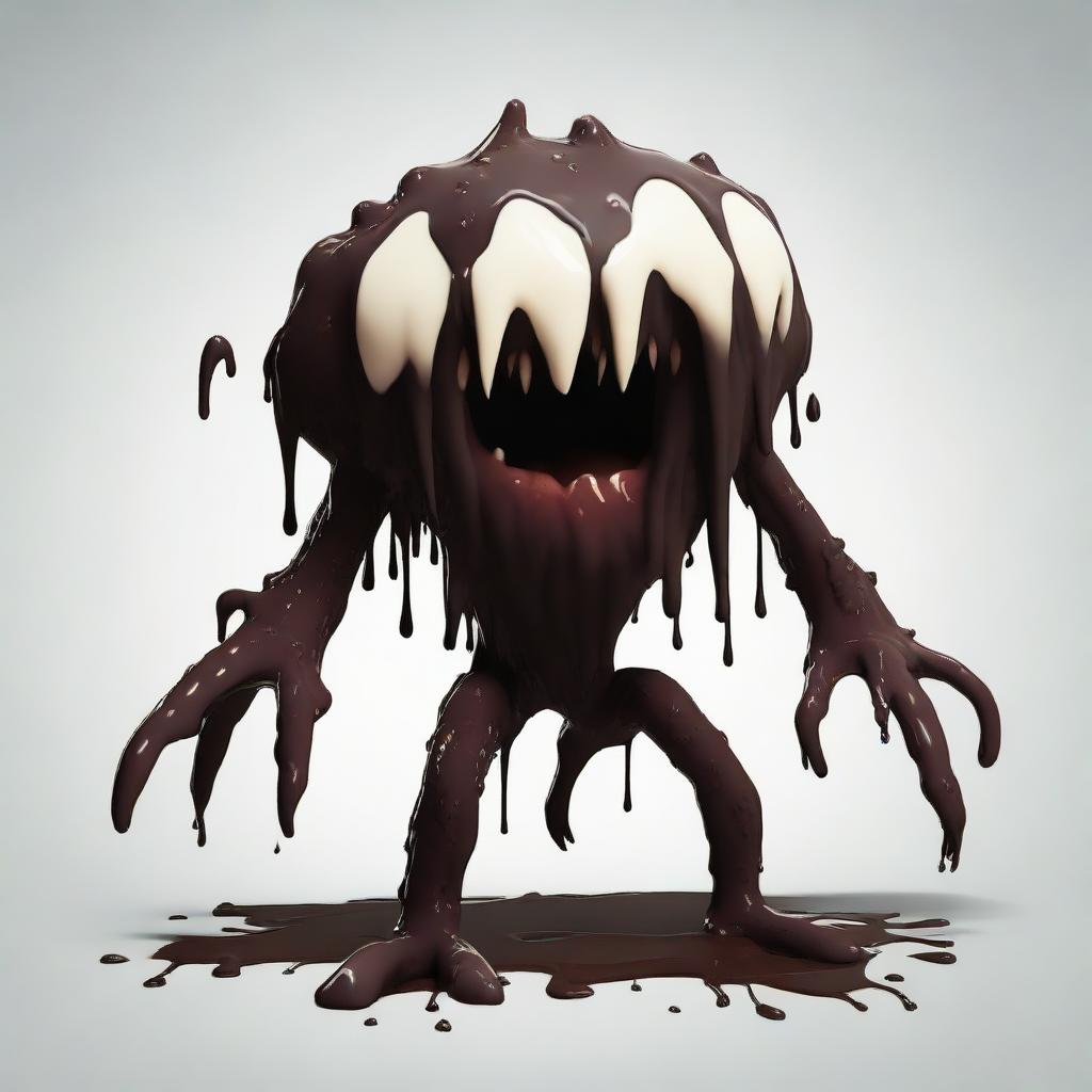 A slim monster covered in dark brown slime, featuring sharp teeth and claws with eyes completely white.