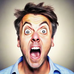 Generate an image of a man looking very shocked, displaying vivid expression of surprise on his face