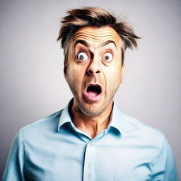 Generate an image of a man looking very shocked, displaying vivid expression of surprise on his face