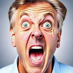 Generate an image of a man looking very shocked, displaying vivid expression of surprise on his face