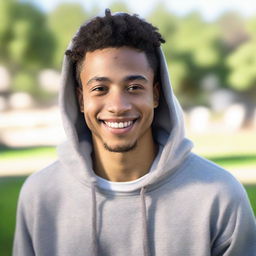 An ultra-realistic portrait of a 22-year-old African American man with light skin and a low haircut, devoid of facial hair. He is smiling at the camera, wearing a hoodie with the hood down, amidst serene outdoor settings.