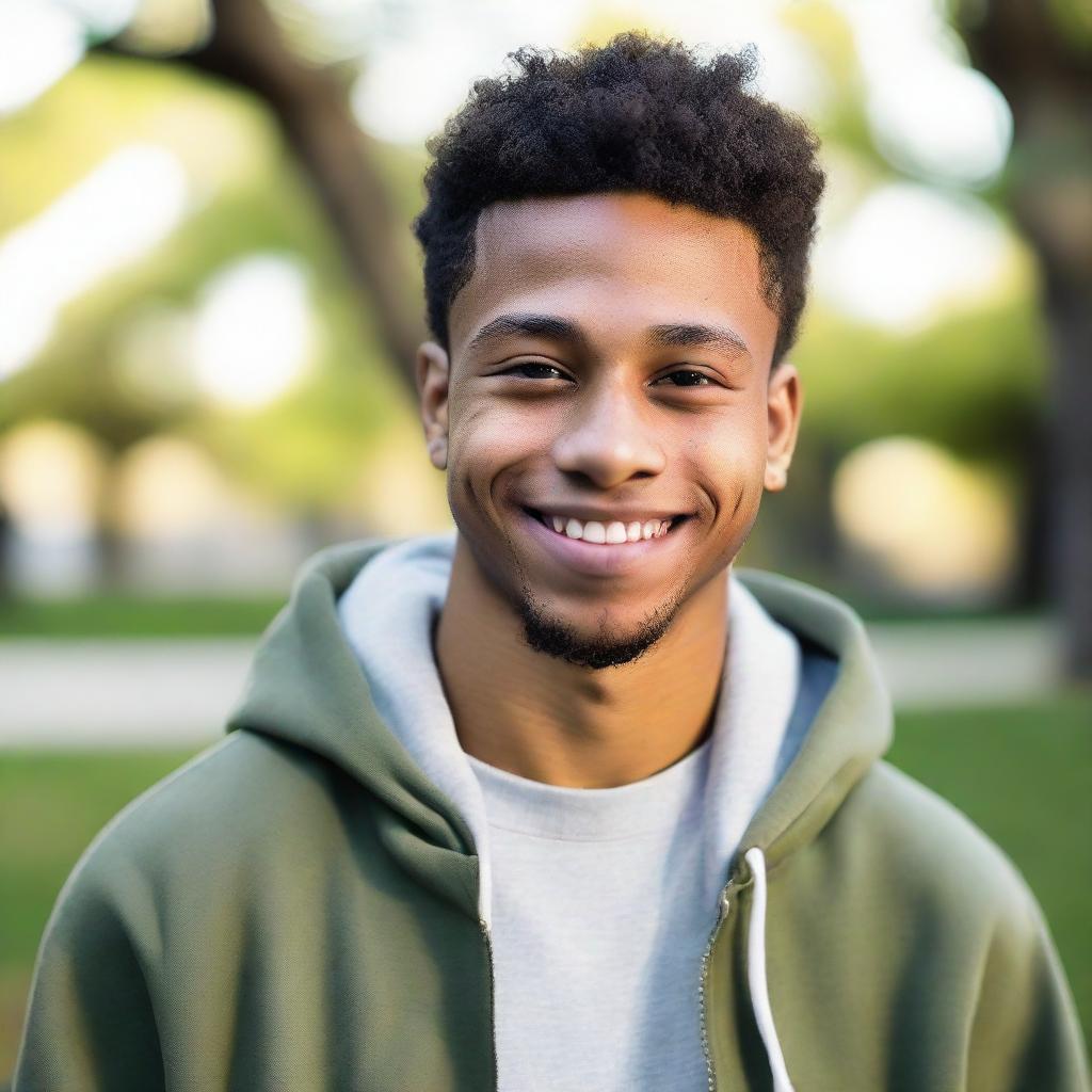 An ultra-realistic portrait of a 22-year-old African American man with light skin and a low haircut, devoid of facial hair. He is smiling at the camera, wearing a hoodie with the hood down, amidst serene outdoor settings.