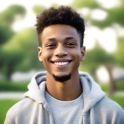 An ultra-realistic portrait of a 22-year-old African American man with light skin and a low haircut, devoid of facial hair. He is smiling at the camera, wearing a hoodie with the hood down, amidst serene outdoor settings.