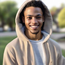 An ultra-realistic portrait of a 22-year-old African American man with light skin and a low haircut, devoid of facial hair. He is smiling at the camera, wearing a hoodie with the hood down, amidst serene outdoor settings.