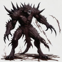 A two meters tall slim monster covered in dark brown slime, possessing sharp teeth and claws with completely white eyes, reminiscent of the Berserk Armor from Berserk manga.