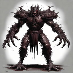 A two meters tall slim monster covered in dark brown slime, possessing sharp teeth and claws with completely white eyes, reminiscent of the Berserk Armor from Berserk manga.