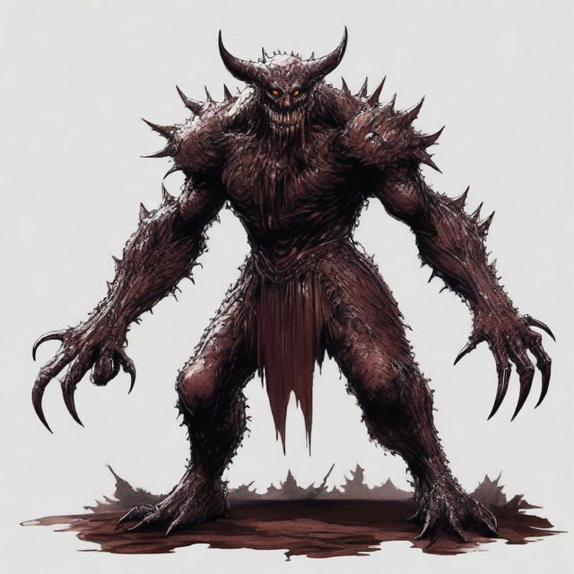 A two meters tall slim monster covered in dark brown slime, possessing sharp teeth and claws with completely white eyes, reminiscent of the Berserk Armor from Berserk manga.