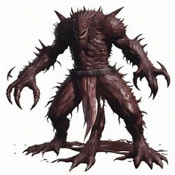 A two meters tall slim monster covered in dark brown slime, possessing sharp teeth and claws with completely white eyes, reminiscent of the Berserk Armor from Berserk manga.