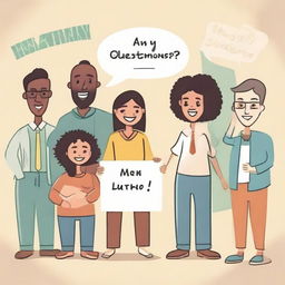 Illustrate a friendly and welcoming scenario with the words 'Any Questions?' & 'Thank You' displayed prominently, featuring diverse characters and a pleasant environment.