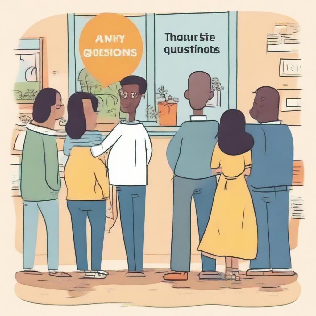 Illustrate a friendly and welcoming scenario with the words 'Any Questions?' & 'Thank You' displayed prominently, featuring diverse characters and a pleasant environment.